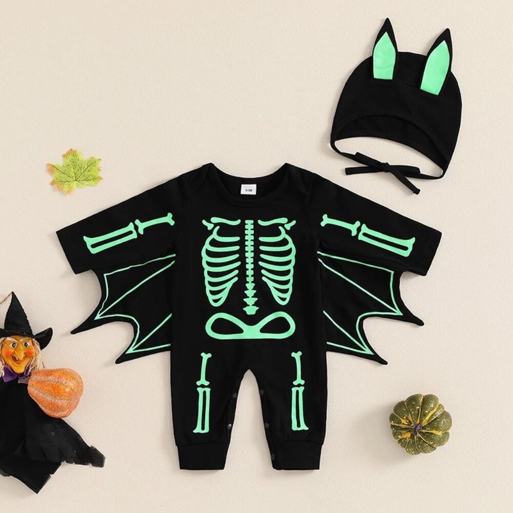 Baby Boys Girls Bat Glow in the Dark Skeleton Halloween Romper Jumpsuit Costume - Picture 1 of 7